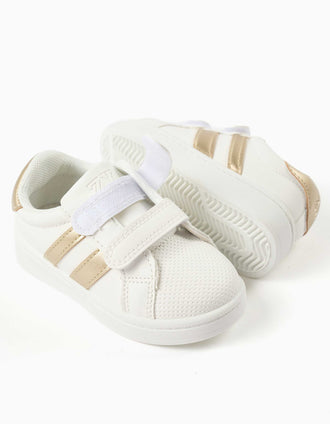 Striped trainers with touch-fasteners for baby girls, white/golden