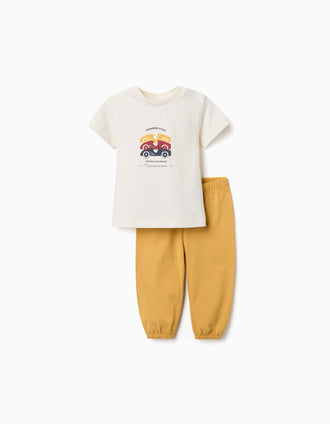 Pijama curto com estampado de carros para bebé menino, branco/amarelo