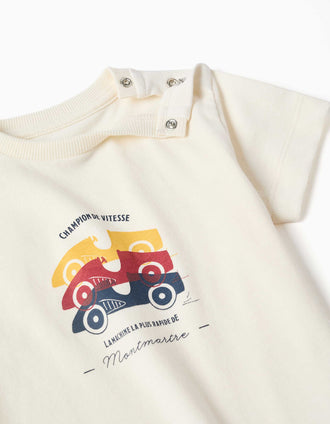 Pijama curto com estampado de carros para bebé menino, branco/amarelo