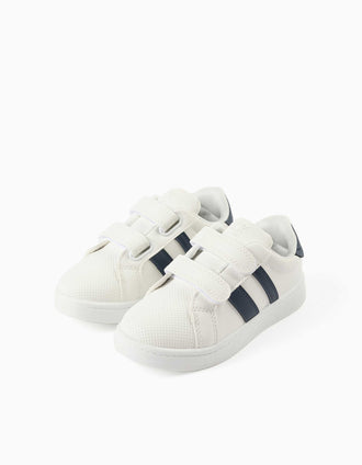 Striped trainers with touch-fasteners for children, white/navy blue