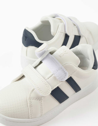 Striped trainers with touch-fasteners for children, white/navy blue