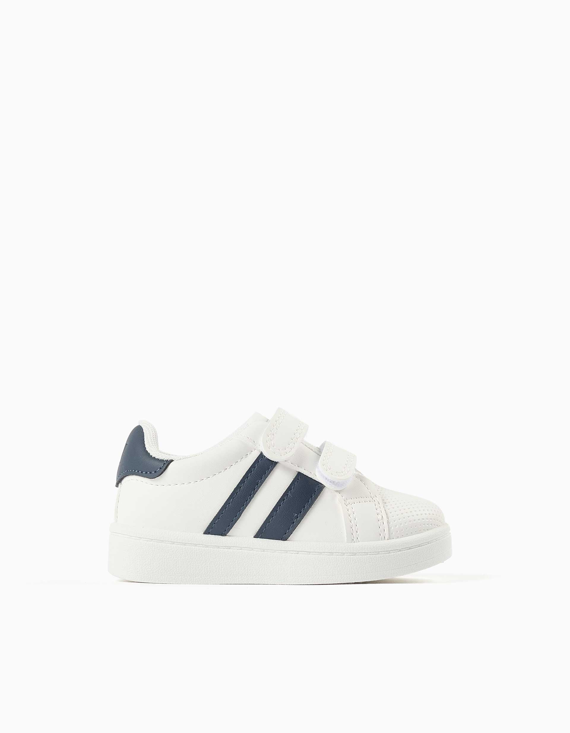 Sapatilhas às riscas com tira autoaderente para bebé, branco/azul