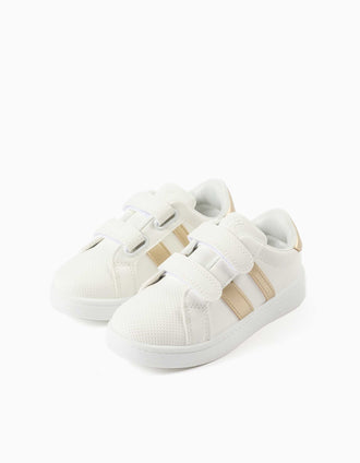 Striped trainers with touch-fasteners for girls, white/golden