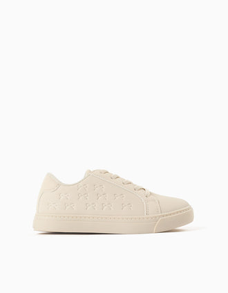 Trainers with embossed bows and elastic laces for girls, beige