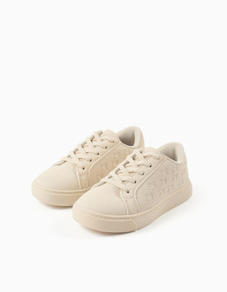 Trainers with embossed bows and elastic laces for girls, beige