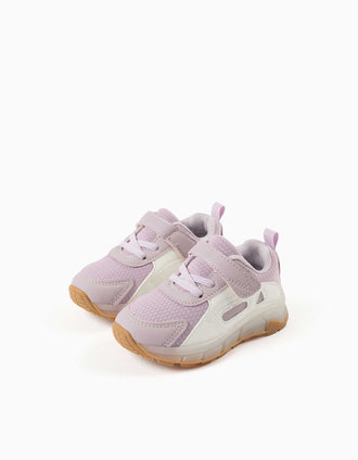 Zapatillas bajas antideslizantes y con luces para bebé niña, lila/blanco