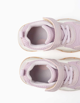 Zapatillas bajas antideslizantes y con luces para bebé niña, lila/blanco