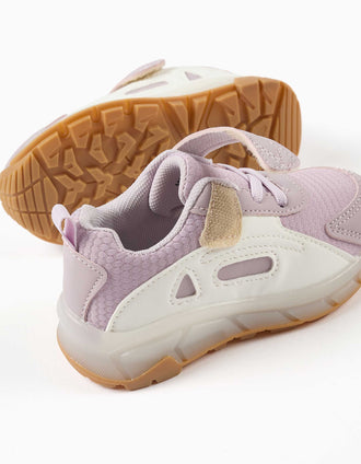 Zapatillas bajas antideslizantes y con luces para bebé niña, lila/blanco