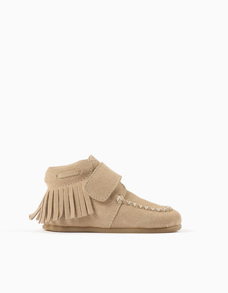 Botins Barefoot de camurça com franjas para bebé menina, bege