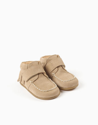 Botins Barefoot de camurça com franjas para bebé menina, bege