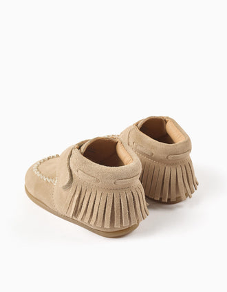 Botins Barefoot de camurça com franjas para bebé menina, bege