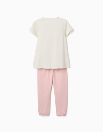 Short sleeve cotton pyjamas with mask for girls, white/pink