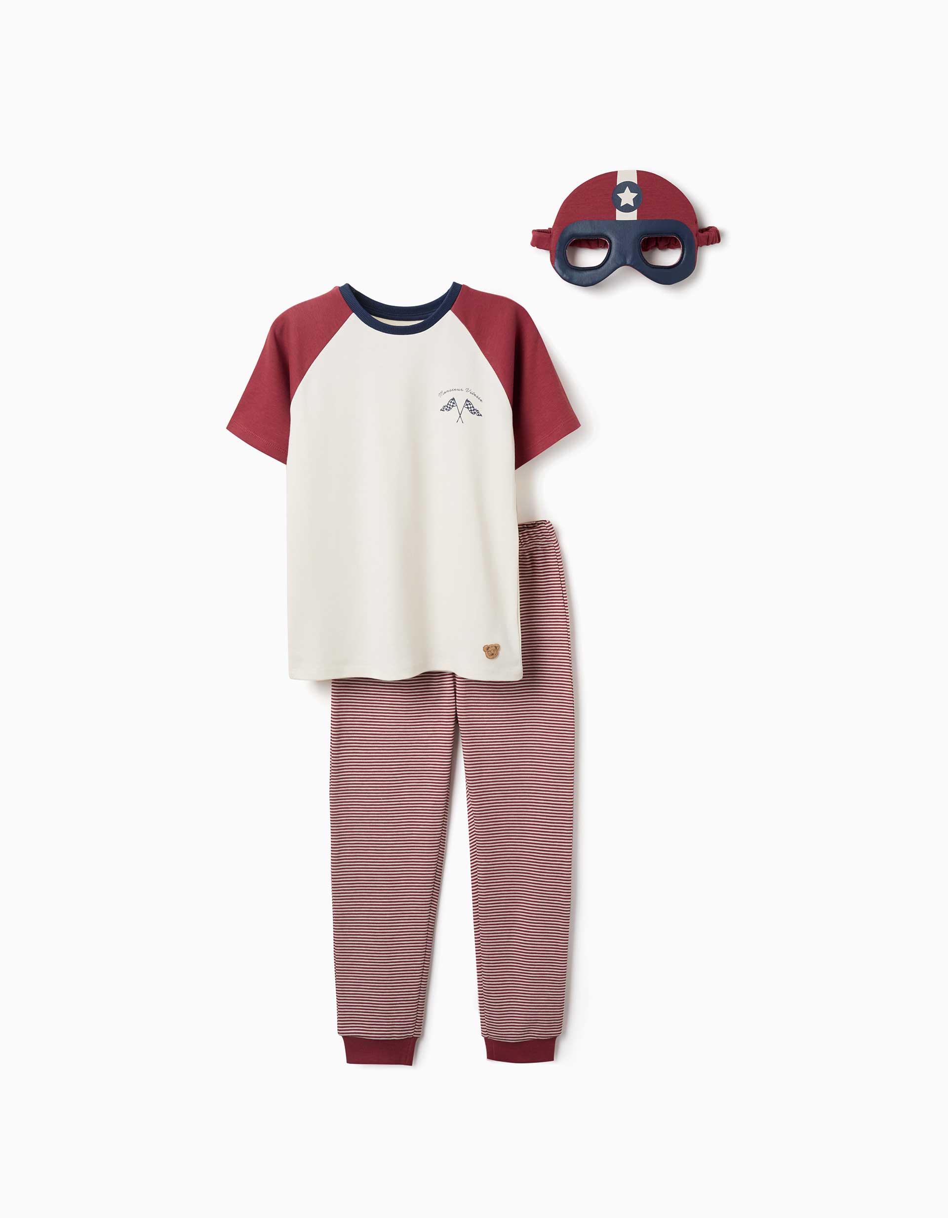 Pijama curto com máscara almofadada para menino, branco/vermelho