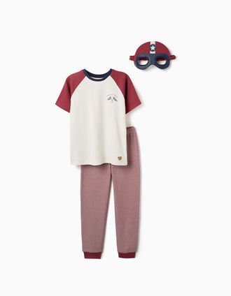 Pijama curto com máscara almofadada para menino, branco/vermelho