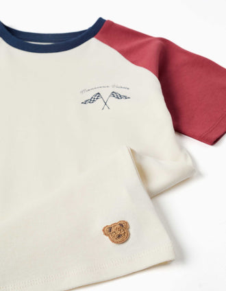 Pijama curto com máscara almofadada para menino, branco/vermelho