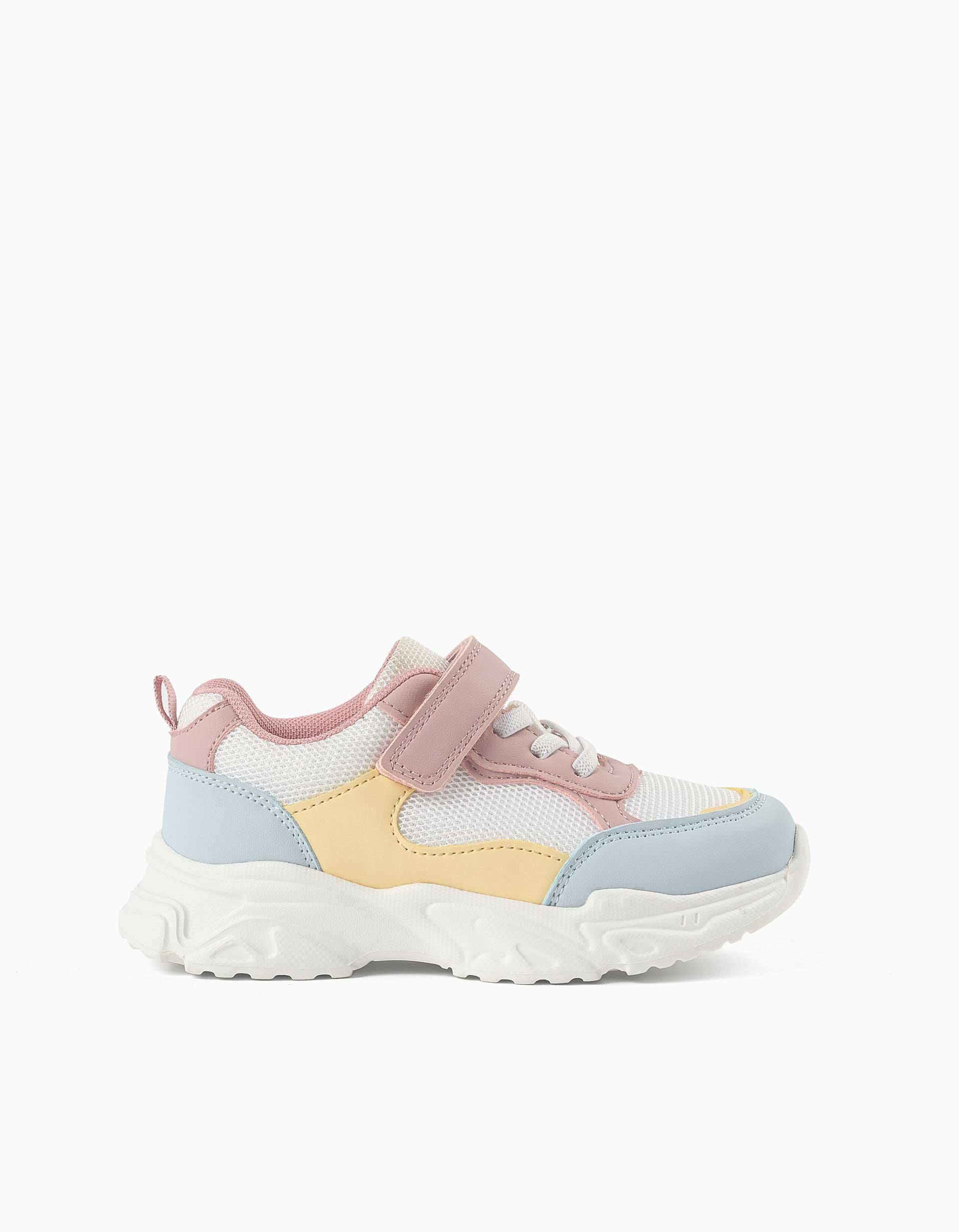 Dual-fabric trainers with chunky sole for girls, white/pink/blue/yellow