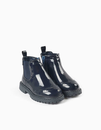 Bottines Chelsea vernies à détails brogue pour bébé fille, bleu marine