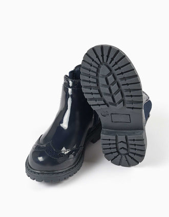 Bottines Chelsea vernies à détails brogue pour bébé fille, bleu marine
