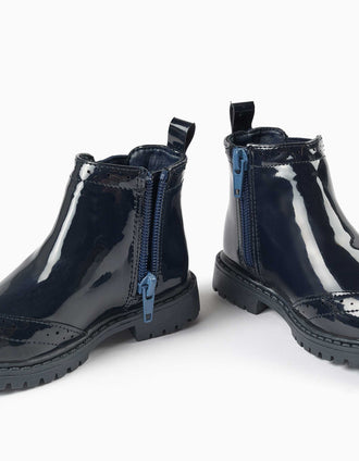Bottines Chelsea vernies à détails brogue pour bébé fille, bleu marine