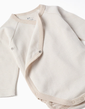 Lot de 3 bodies croisés en coton pour nouveau-nés, beige/blanc
