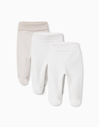 Lot de 3 pantalons à pieds en coton pour nouveau-nés, beige/blanc