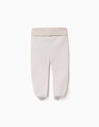 Lot de 3 pantalons à pieds en coton pour nouveau-nés, beige/blanc