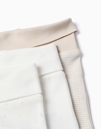 Lot de 3 pantalons à pieds en coton pour nouveau-nés, beige/blanc