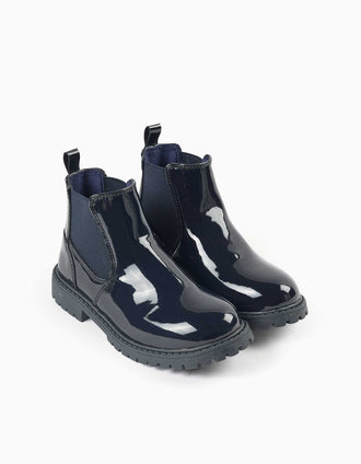 Botins Chelsea em verniz com sola antiderrapante para menina, azul-marinho