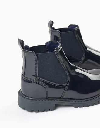 Botins Chelsea em verniz com sola antiderrapante para menina, azul-marinho