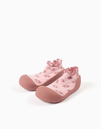 Patucos antideslizantes con motivo floral para bebé niña, rosa