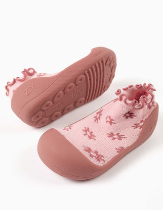 Patucos antideslizantes con motivo floral para bebé niña, rosa