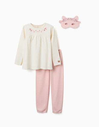 Long sleeve cotton pyjamas with padded mask for girls, white/pink