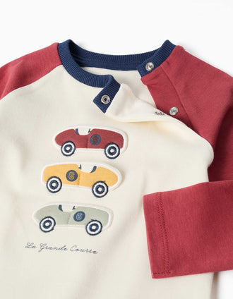 Pijama comprido de algodão com carros para bebé menino, branco/vermelho