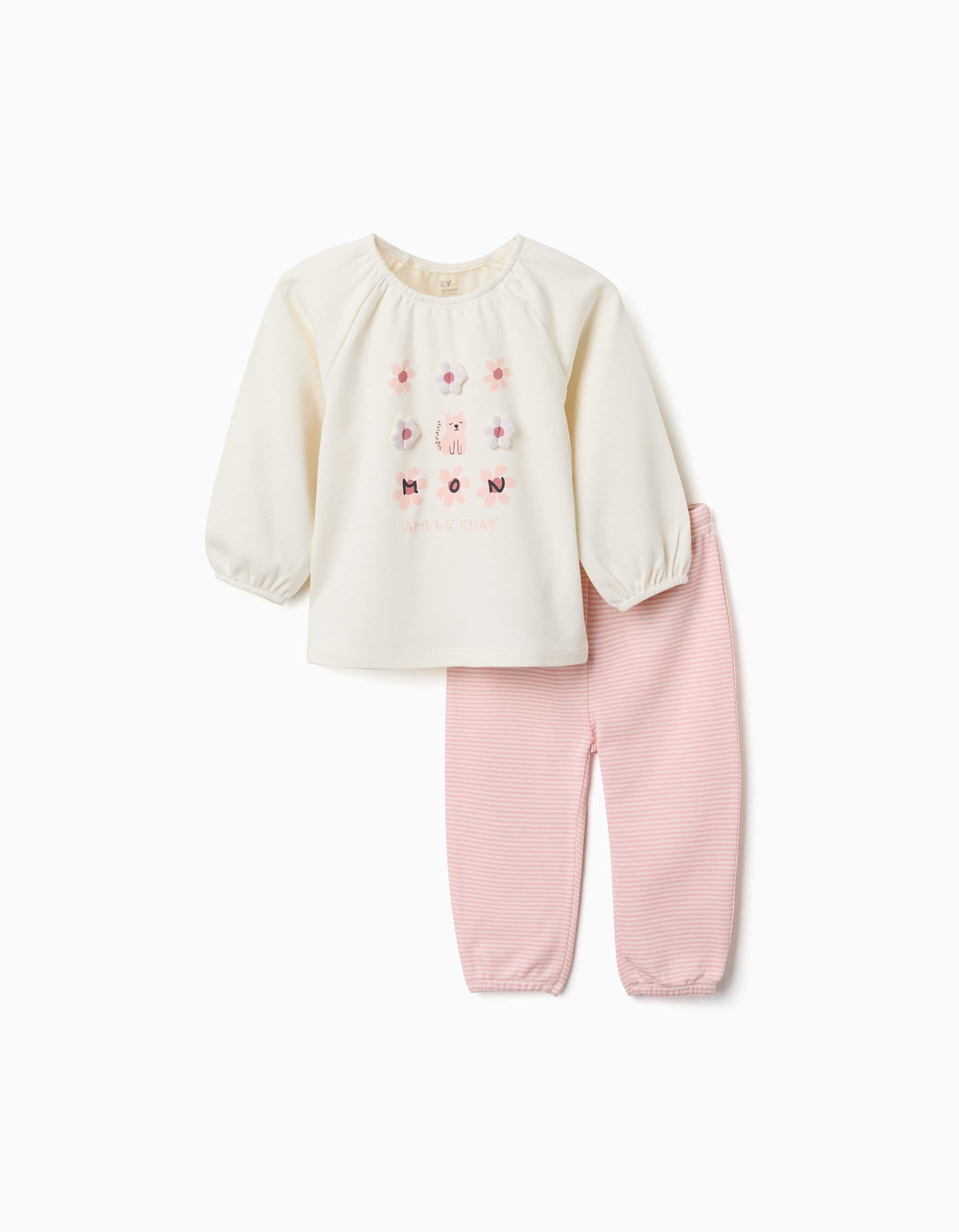 Pijama comprido de algodão com flores para bebé menina, branco/rosa