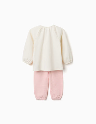Pijama comprido de algodão com flores para bebé menina, branco/rosa