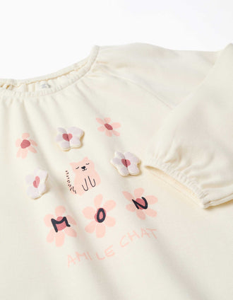 Pijama comprido de algodão com flores para bebé menina, branco/rosa