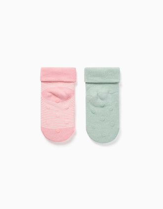 2 meias felpudas antiderrapantes para bebé menina, verde-claro/rosa