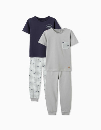 2 pijamas curtos de algodão com carros estampados para menino, verde/azul