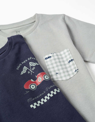 2 pijamas curtos de algodão com carros estampados para menino, verde/azul