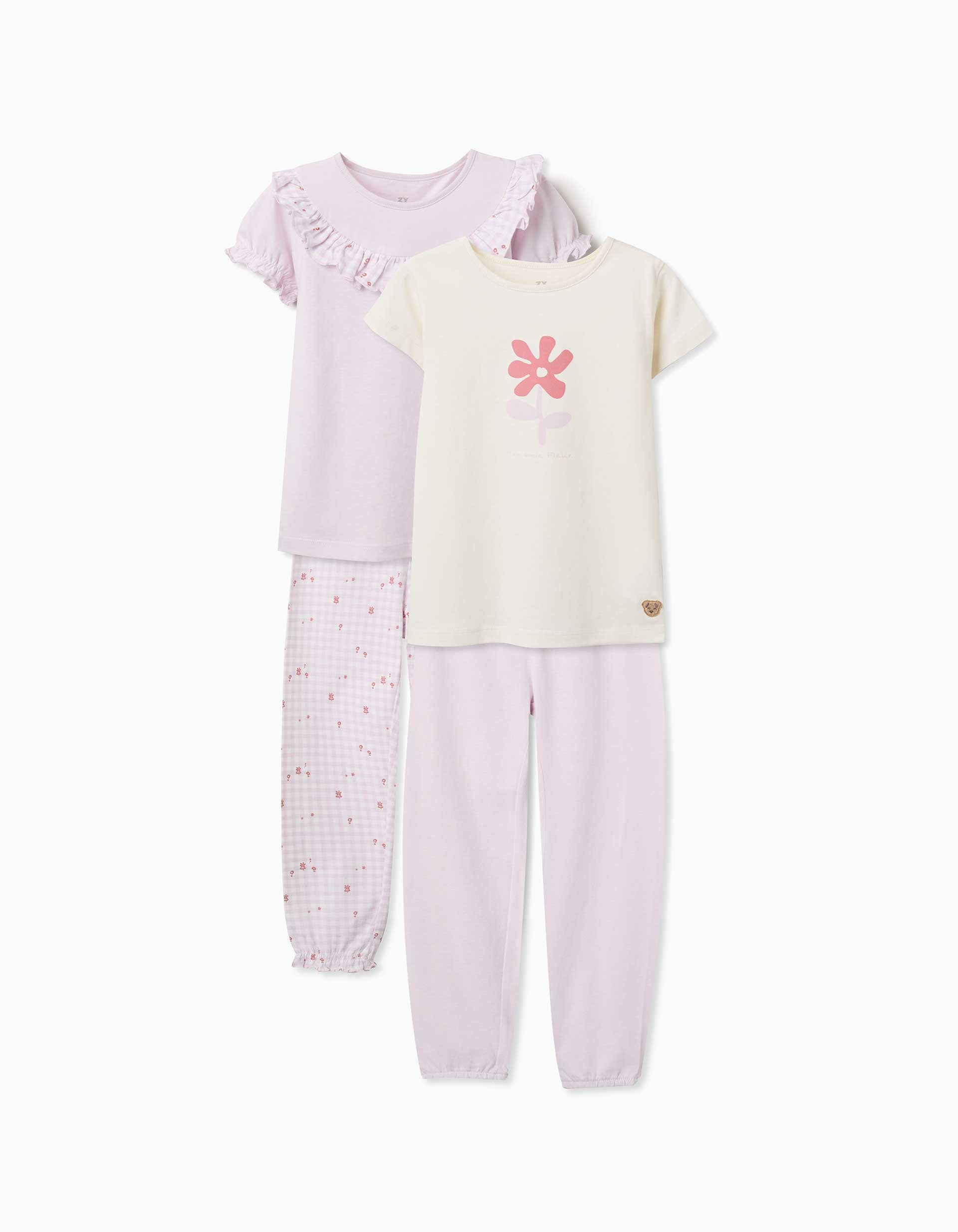 Pack of 2 short cotton pyjamas with floral prints for girls, lilac/white