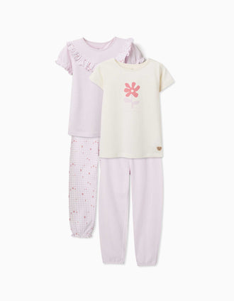 Pack of 2 short cotton pyjamas with floral prints for girls, lilac/white