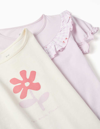 Pack of 2 short cotton pyjamas with floral prints for girls, lilac/white