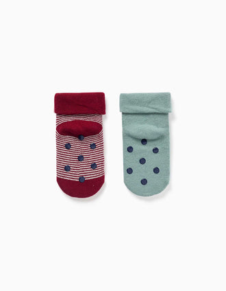 Pack of 2 non-slip terry socks for baby boys, light green/red