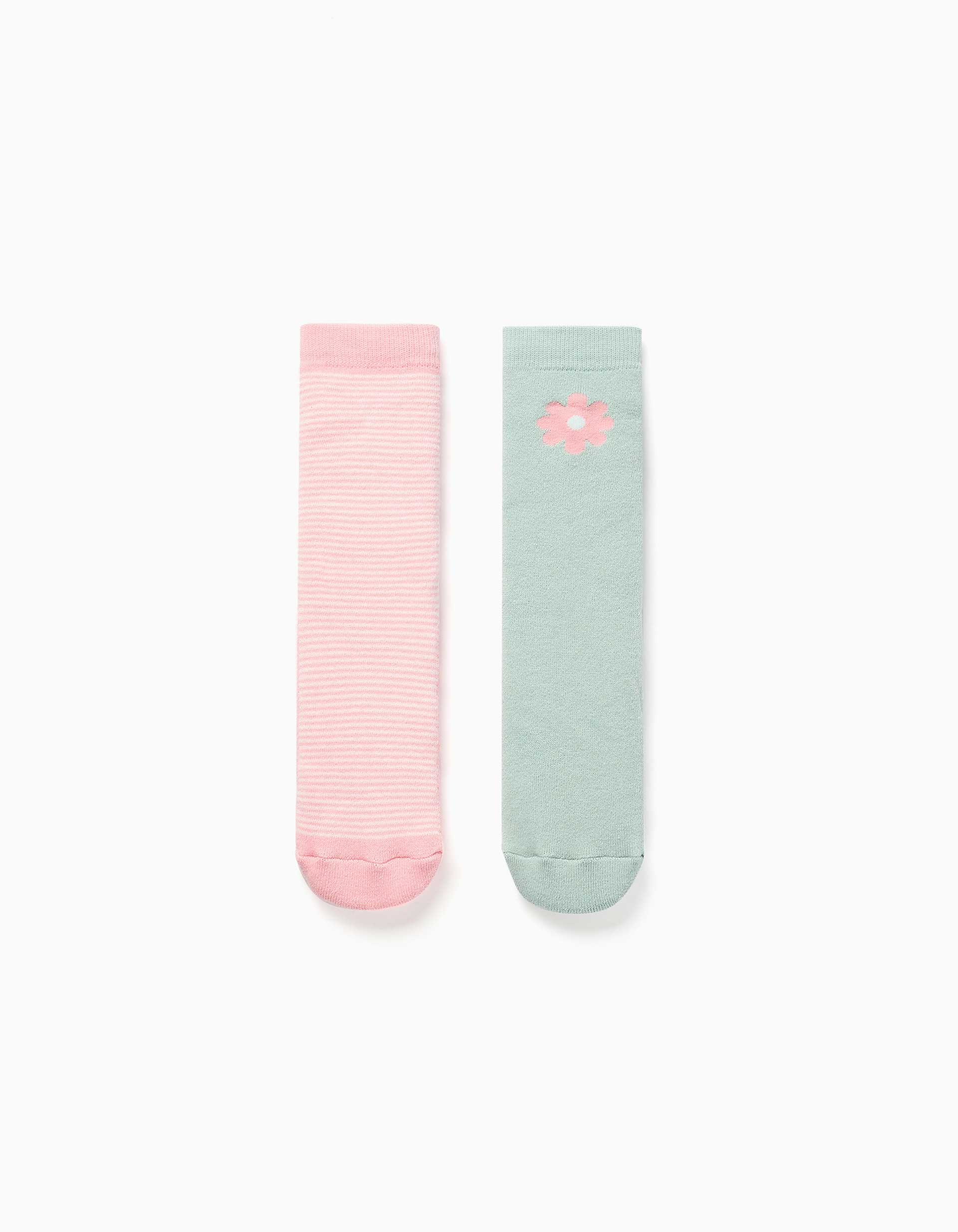 2 chaussettes antidérapantes à rayures/fleur pour fille, rose/vert
