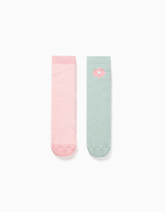 2 chaussettes antidérapantes à rayures/fleur pour fille, rose/vert
