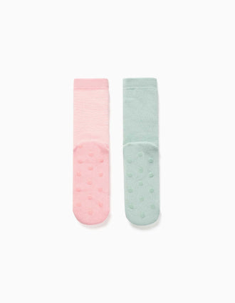 2 chaussettes antidérapantes à rayures/fleur pour fille, rose/vert