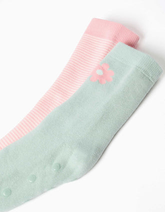 2 chaussettes antidérapantes à rayures/fleur pour fille, rose/vert