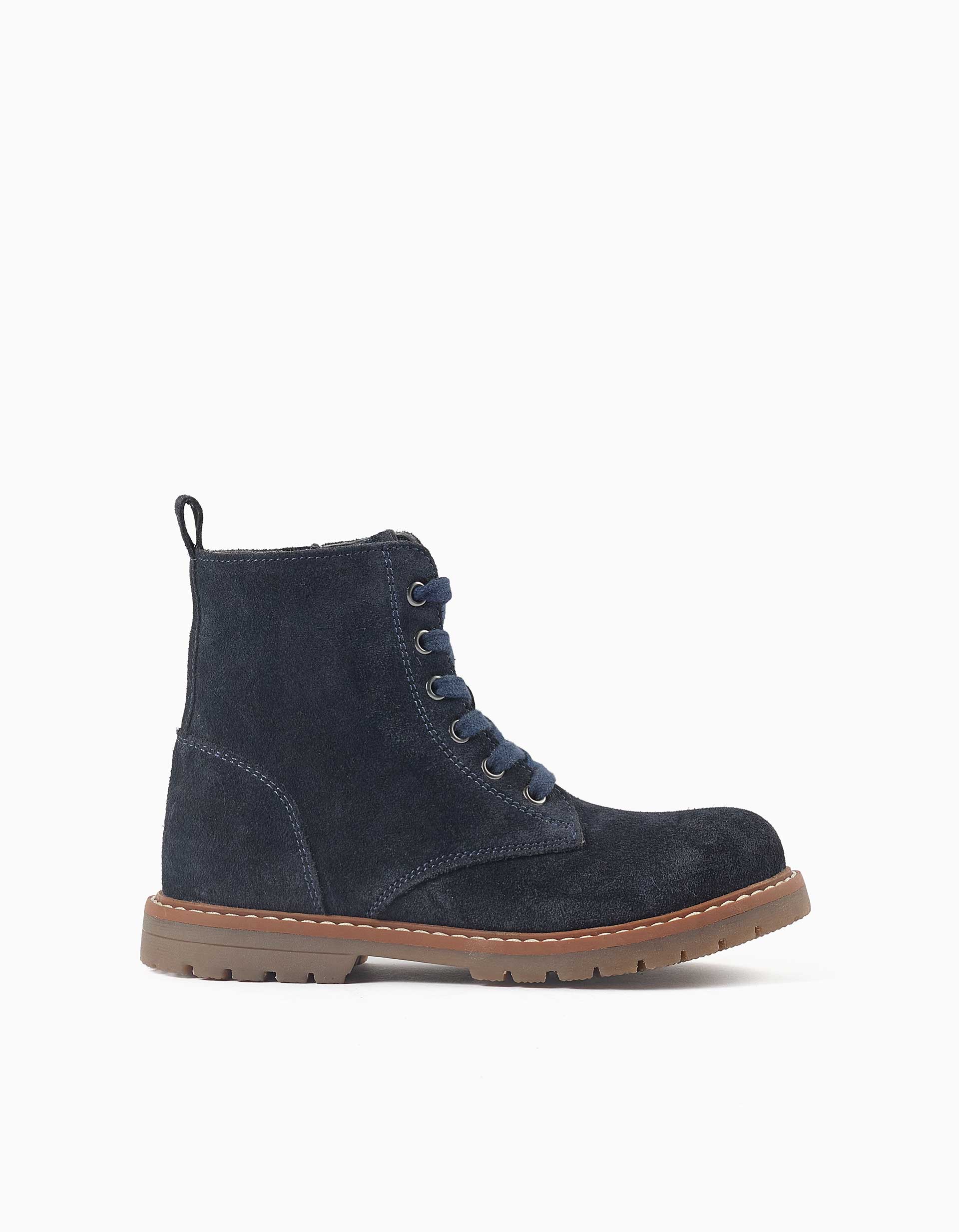 Suede lace-up boots with non-slip sole for girls, navy blue