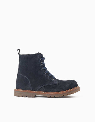 Suede lace-up boots with non-slip sole for girls, navy blue