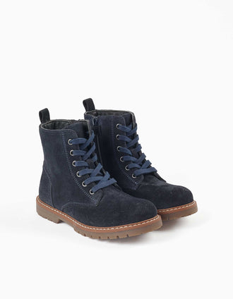 Suede lace-up boots with non-slip sole for girls, navy blue